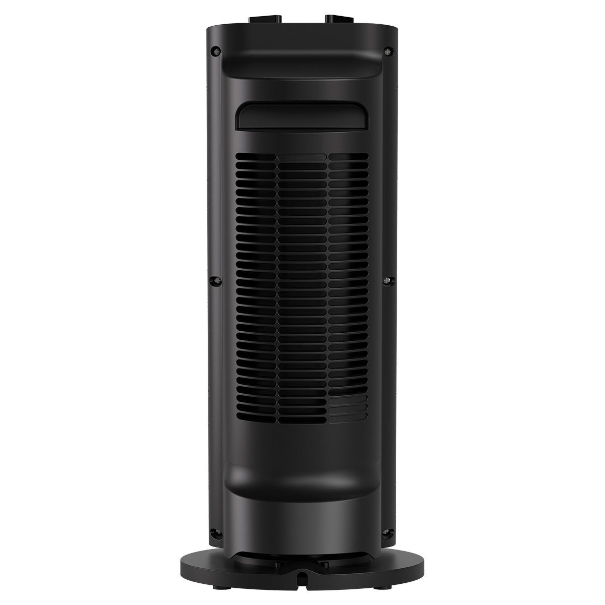 Back view of a black tower fan with vents and a handle.