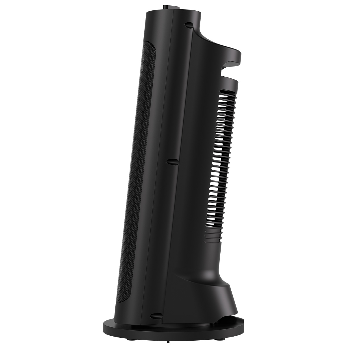 A black tower fan with a textured grille on the left and horizontal vents on the right.