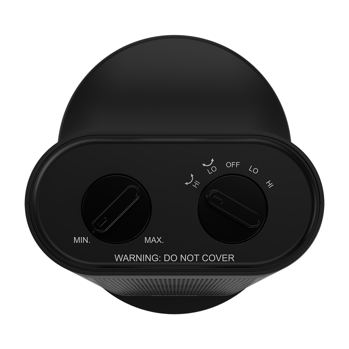 Black heater with two knobs and a warning label.