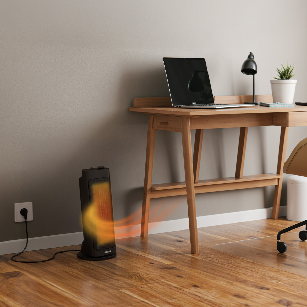 A black heater with orange heating elements sits on a wooden floor.