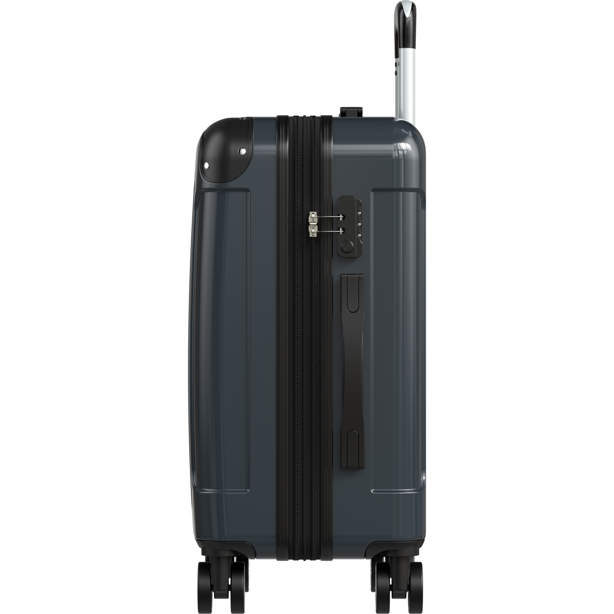 A dark gray suitcase with a TSA lock, black handle, and wheels on a white background.