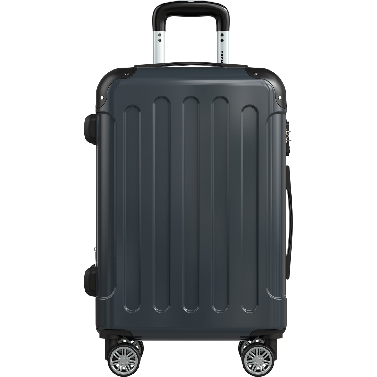 A dark gray suitcase with wheels and a retractable handle.