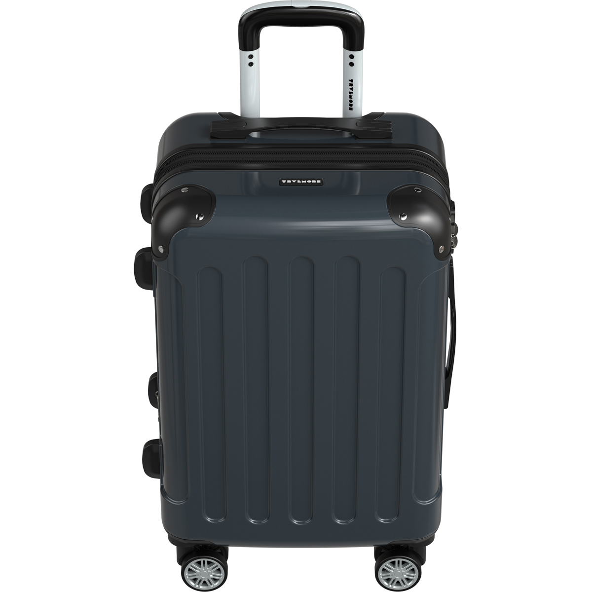 A dark gray suitcase with four wheels and an extendable handle.