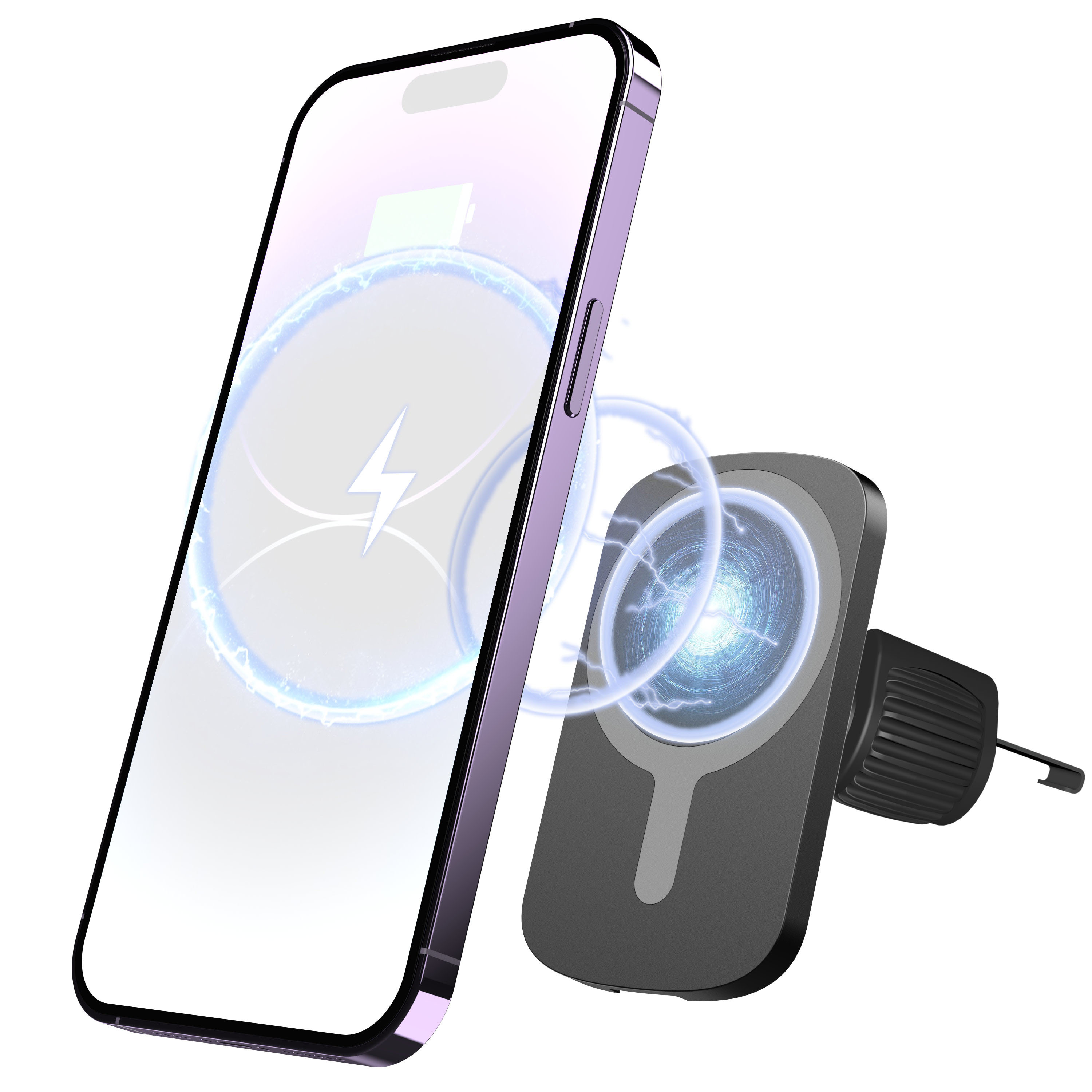 Fioletowy smartfon jest bezprzewodowo ładowany przez czarny uchwyt.