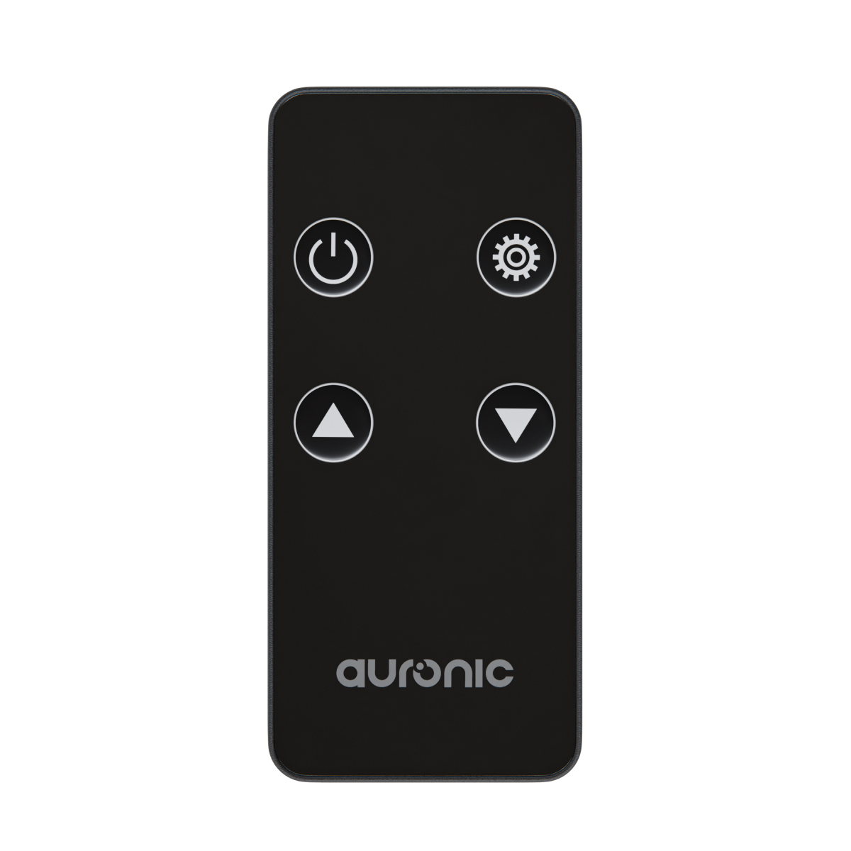 Télécommande noire avec boutons marche/arrêt, réglages et volume.