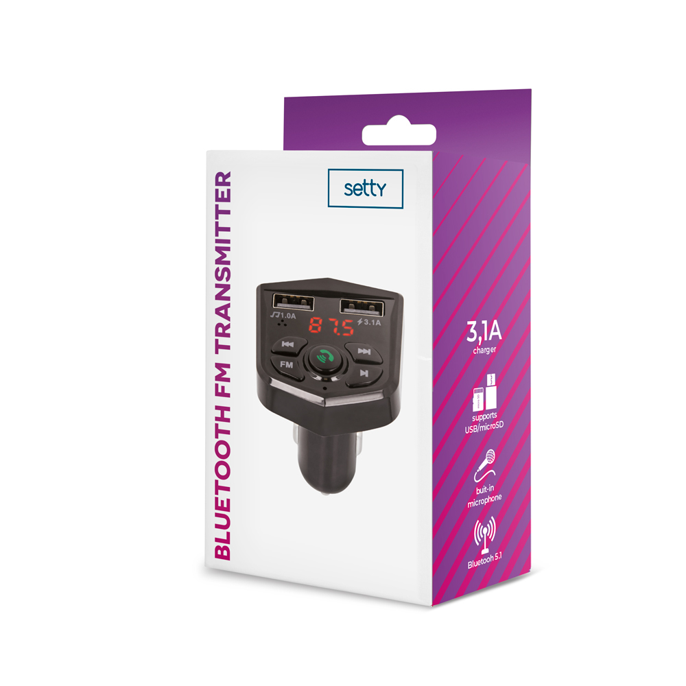 Opakowanie czarnego nadajnika FM Bluetooth z dwoma portami USB i wyświetlaczem.