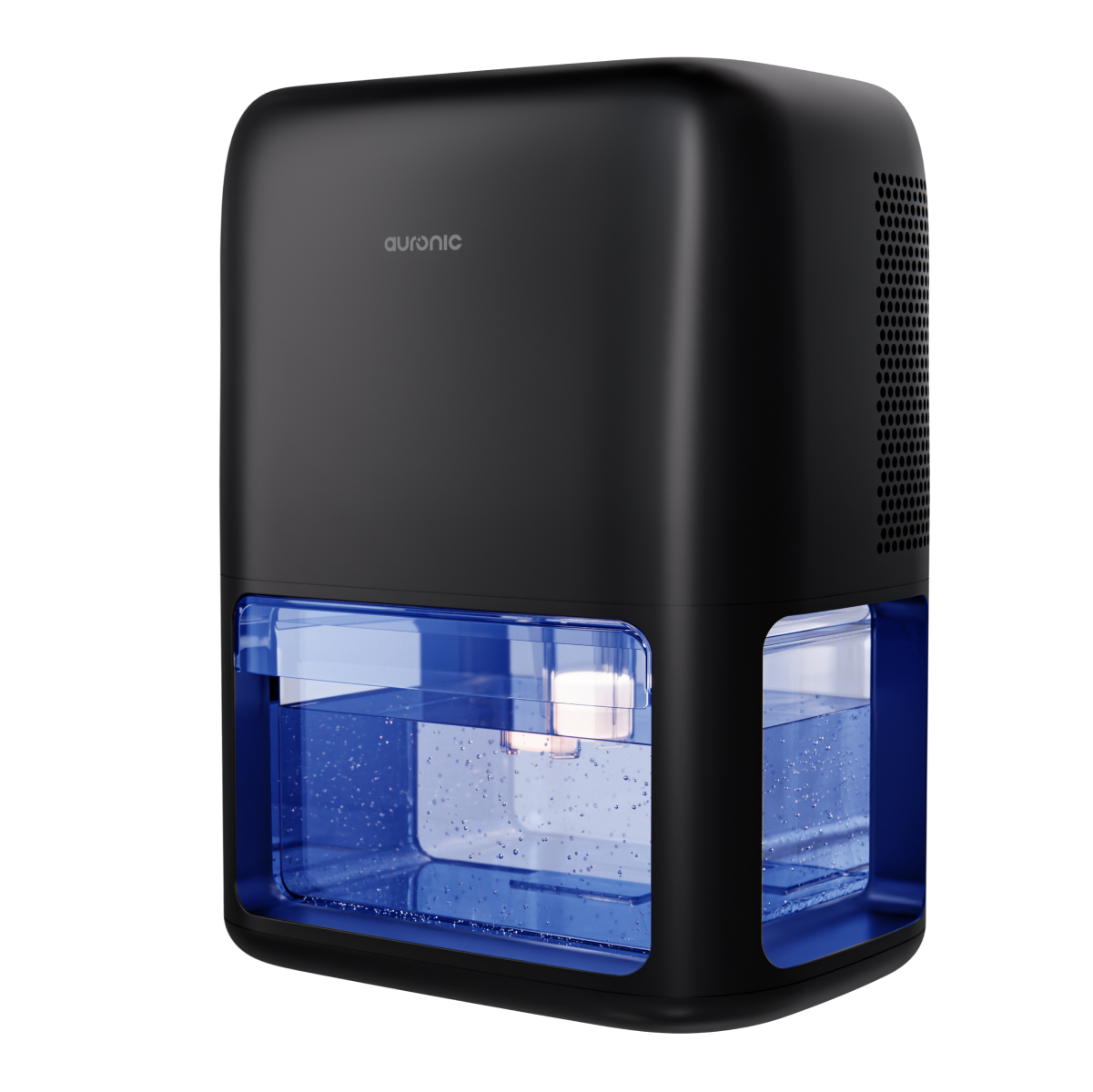 Een zwarte Auronic luchtontvochtiger met een blauw waterreservoir gevuld met water en bubbels.