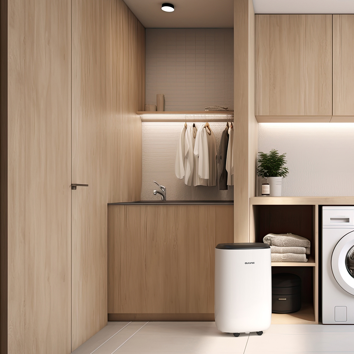 Een moderne wasruimte met houten kasten, gootsteen, hangende kleding, luchtontvochtiger en wasmachine.