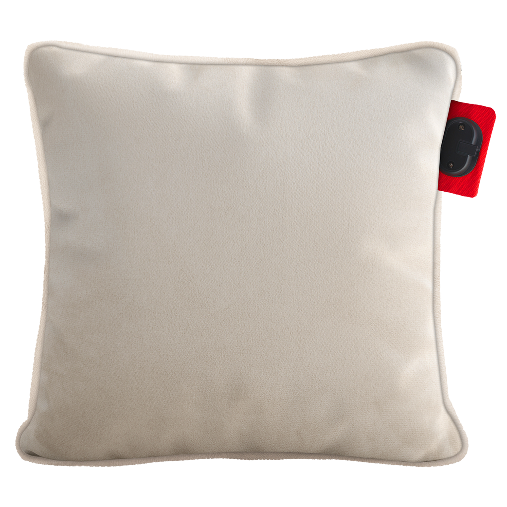 A cream-colored pillow with a red tag and black buckle.