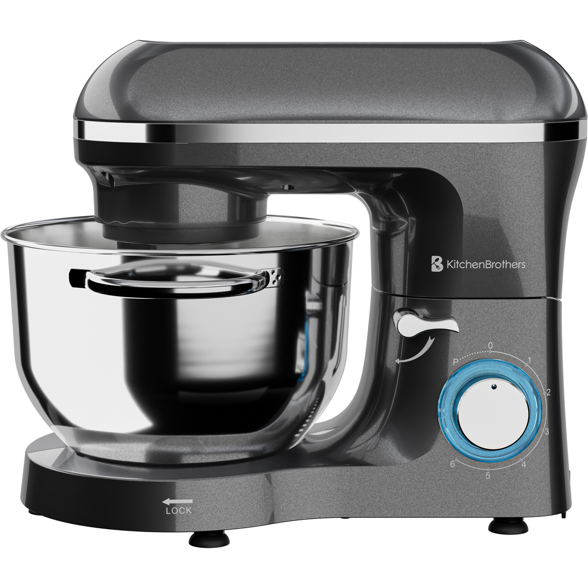 Robot pâtissier gris avec bol en inox, accents argentés et éclairage bleu.