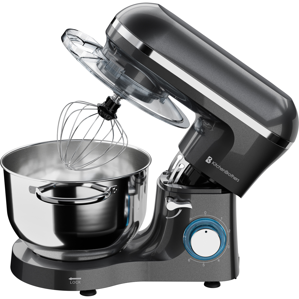 Robot pâtissier gris foncé avec bol inox et fouet.