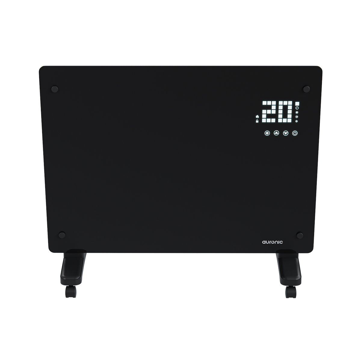 Un radiateur électrique noir avec un écran numérique affichant '20' et des roulettes.