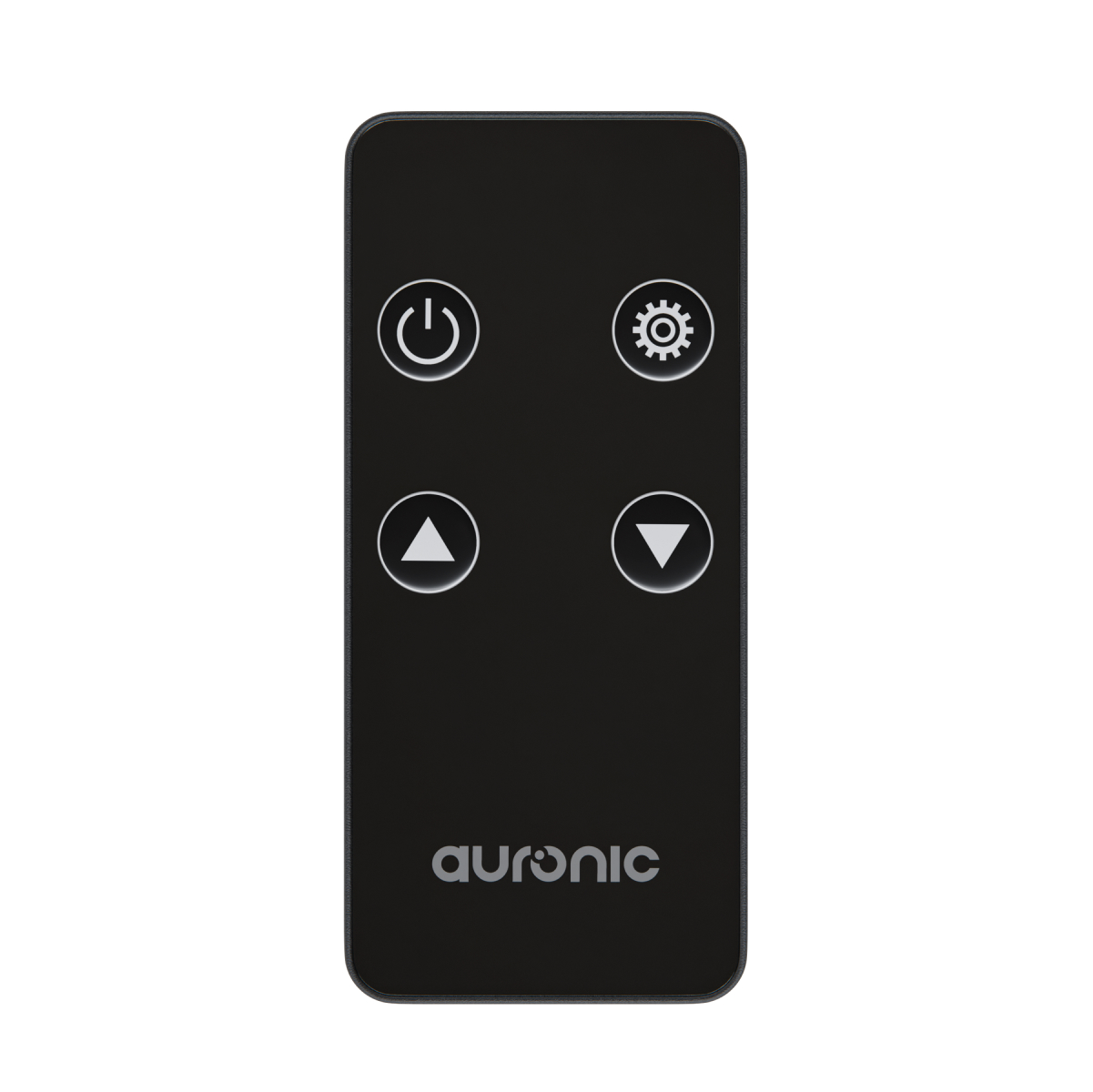 Télécommande noire avec icônes marche/arrêt, engrenage, haut et bas.