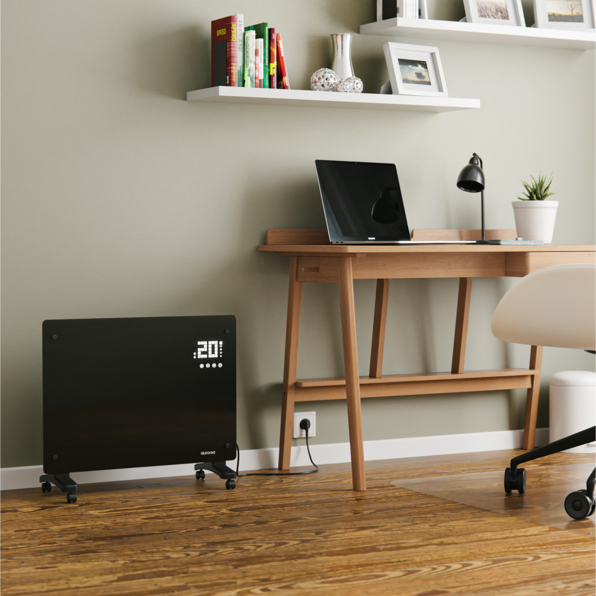 Un radiateur noir sur roulettes est posé sur un parquet devant un bureau.