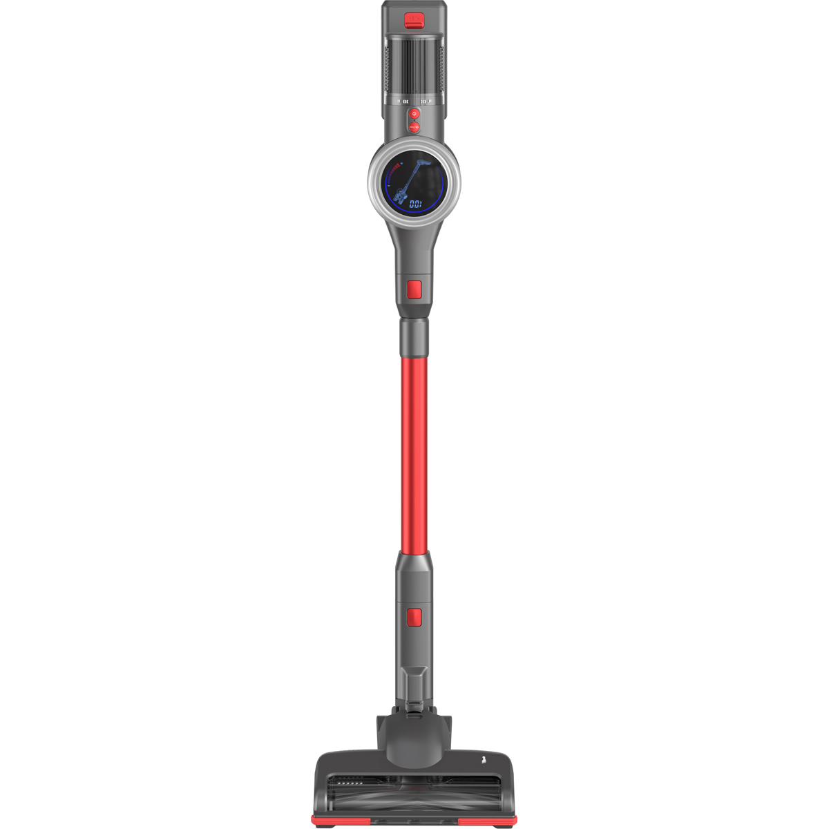 Un aspirateur à main gris avec manche rouge et écran numérique.