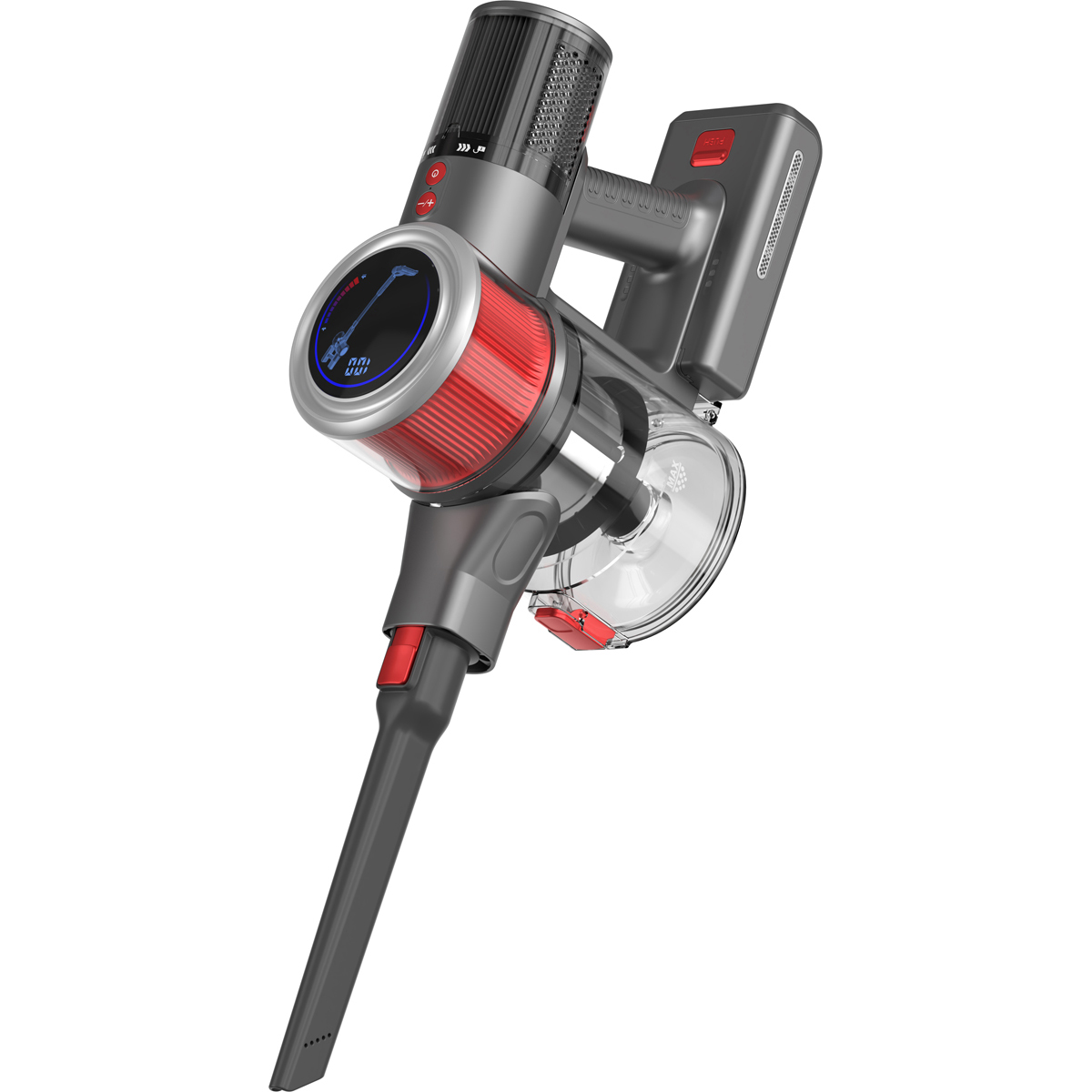 Aspirateur sans fil gris avec accents rouges et écran numérique.