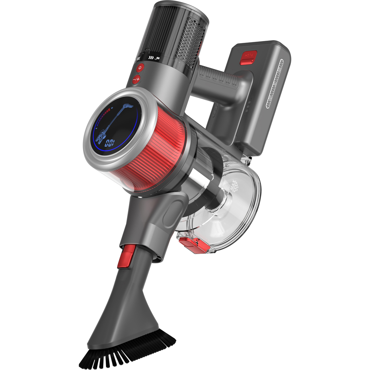 Aspirateur sans fil gris avec filtre rouge et écran numérique, brosse.