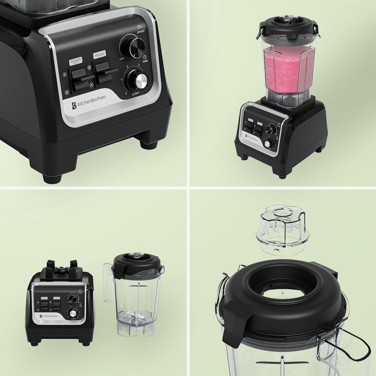 Black and silver blender with control panel and pitcher filled with pink liquid.