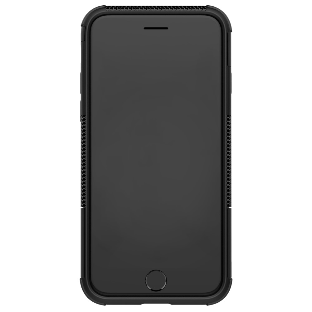 Uno smartphone nero con schermo scuro su superficie bianca.