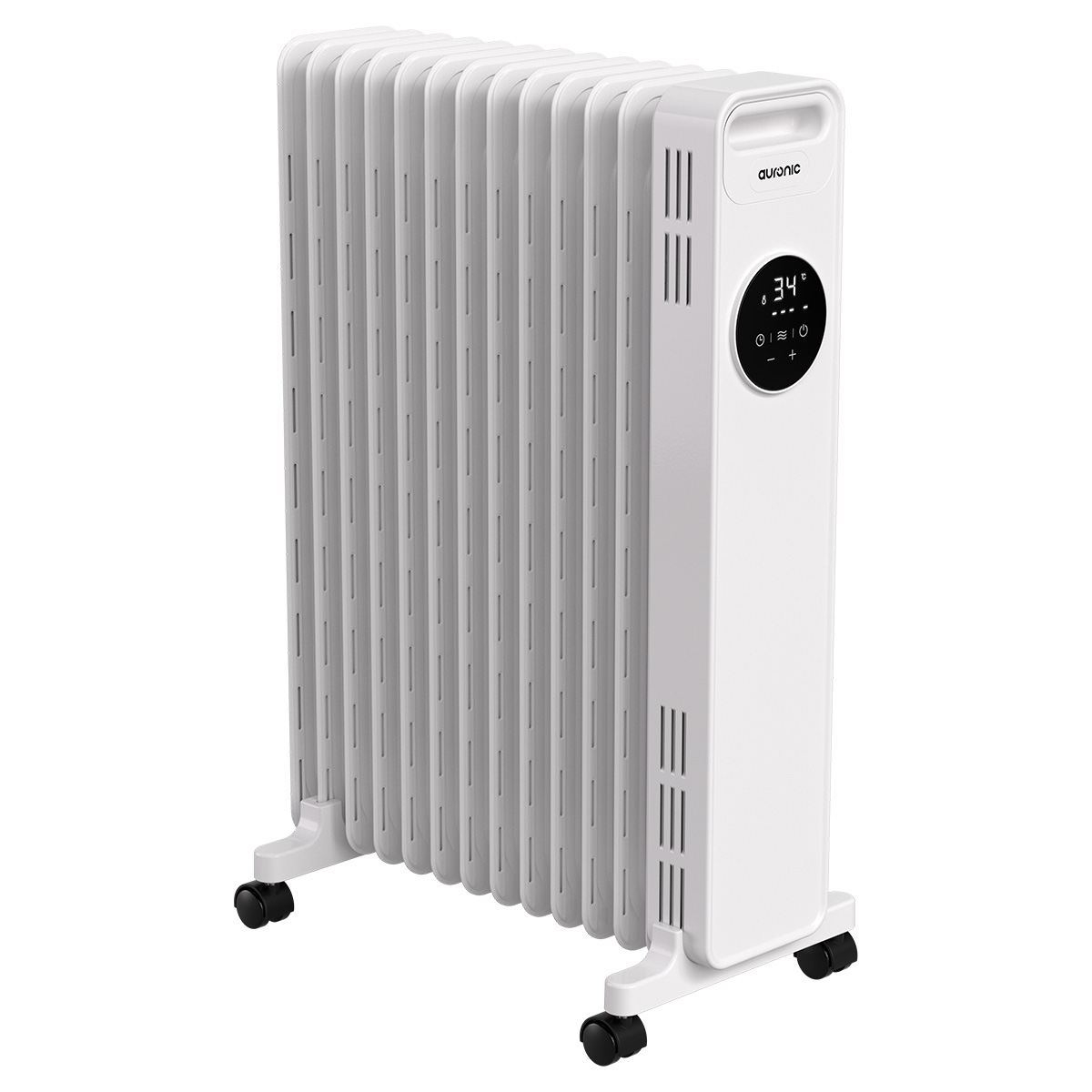 Ein weißer Ölradiator mit Digitalanzeige, die 34 Grad Celsius anzeigt.
