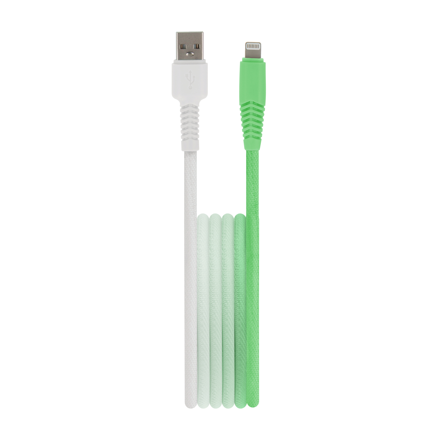 Biały złącze USB-A i zielone złącze Lightning z kablem gradientowym.