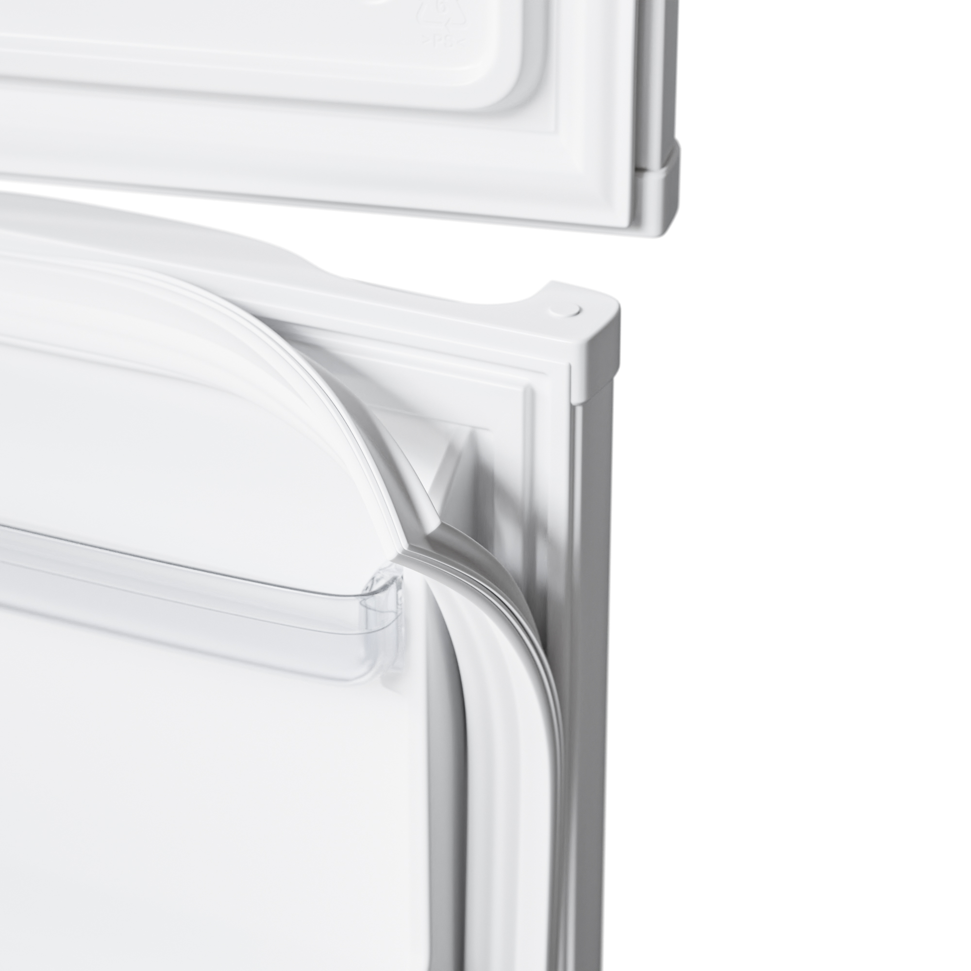 Un réfrigérateur blanc avec un compartiment ouvert et une porte transparente.