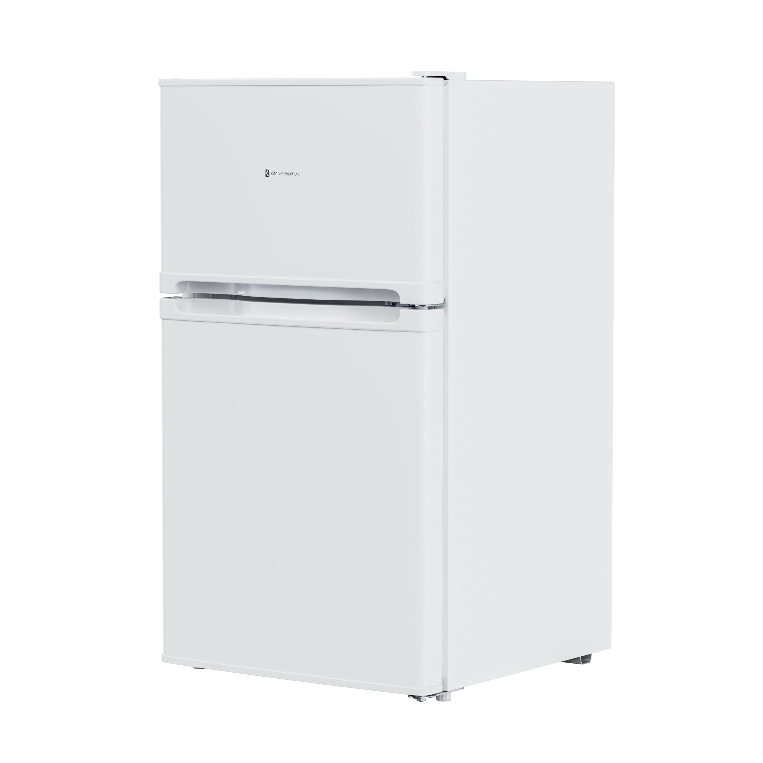 Un réfrigérateur blanc avec compartiment congélateur supérieur et logo KitchenBrothers.