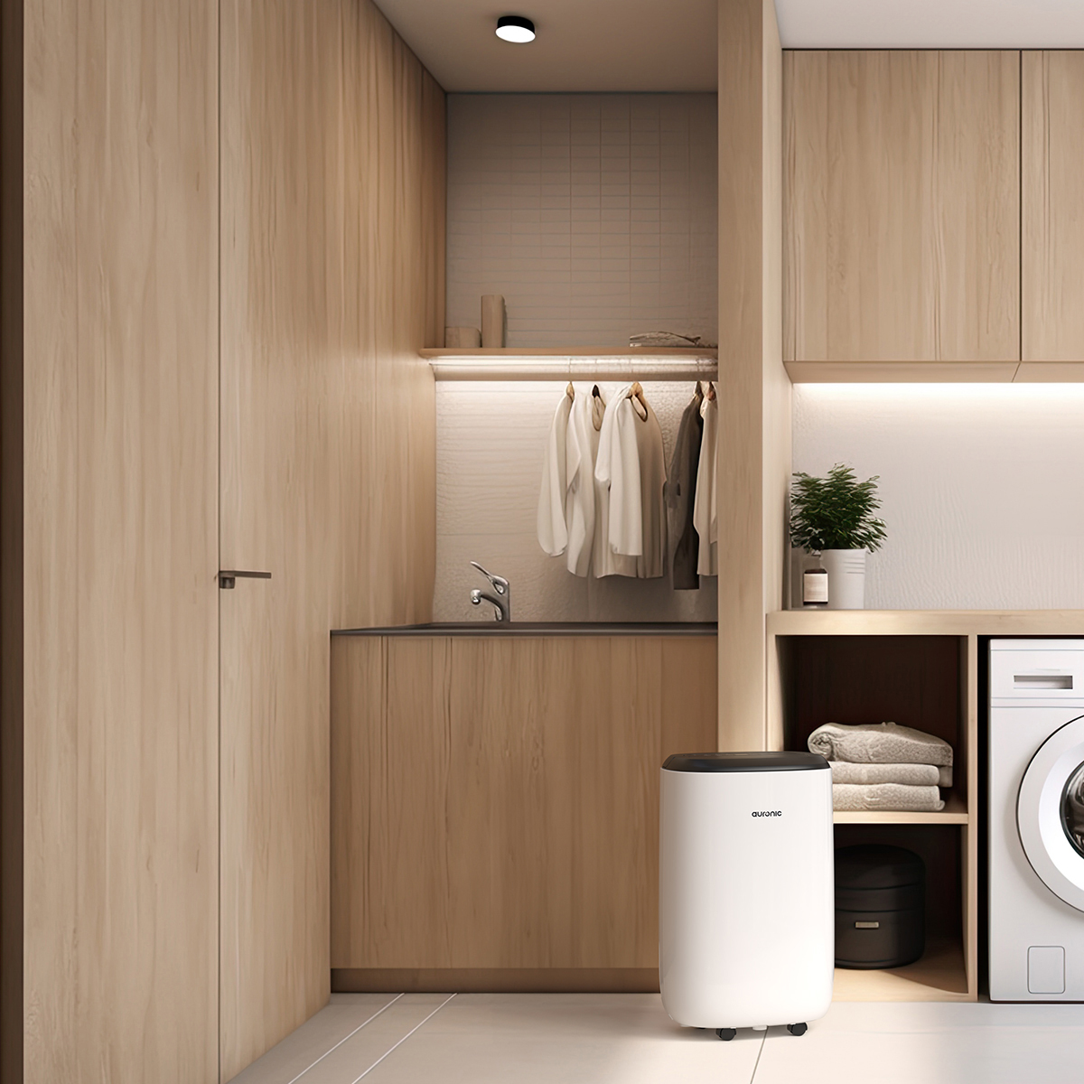 Een witte luchtontvochtiger staat voor houten kasten in een wasruimte met wasmachine.