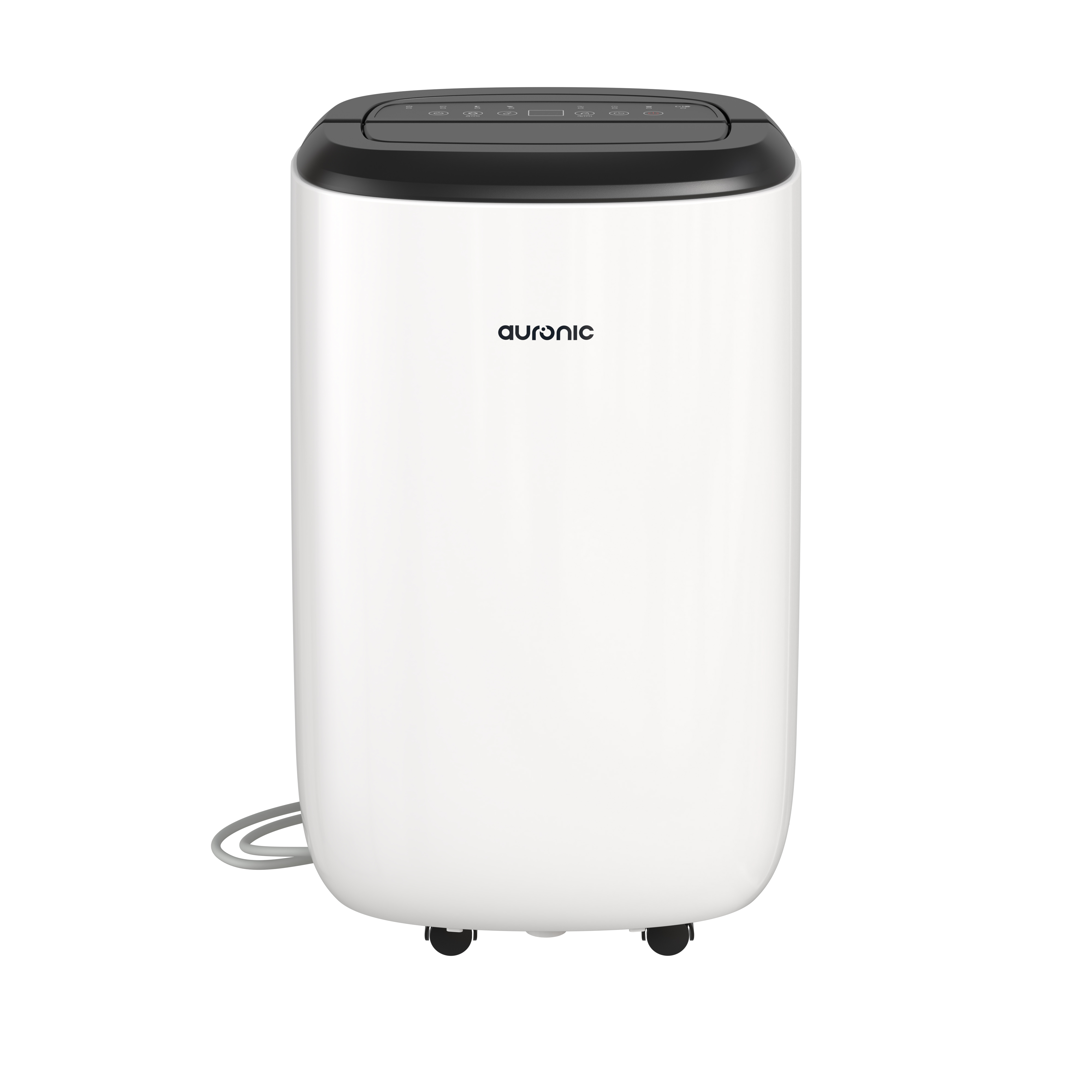 Een witte draagbare airconditioner luchtontvochtiger met zwart bedieningspaneel en wielen.