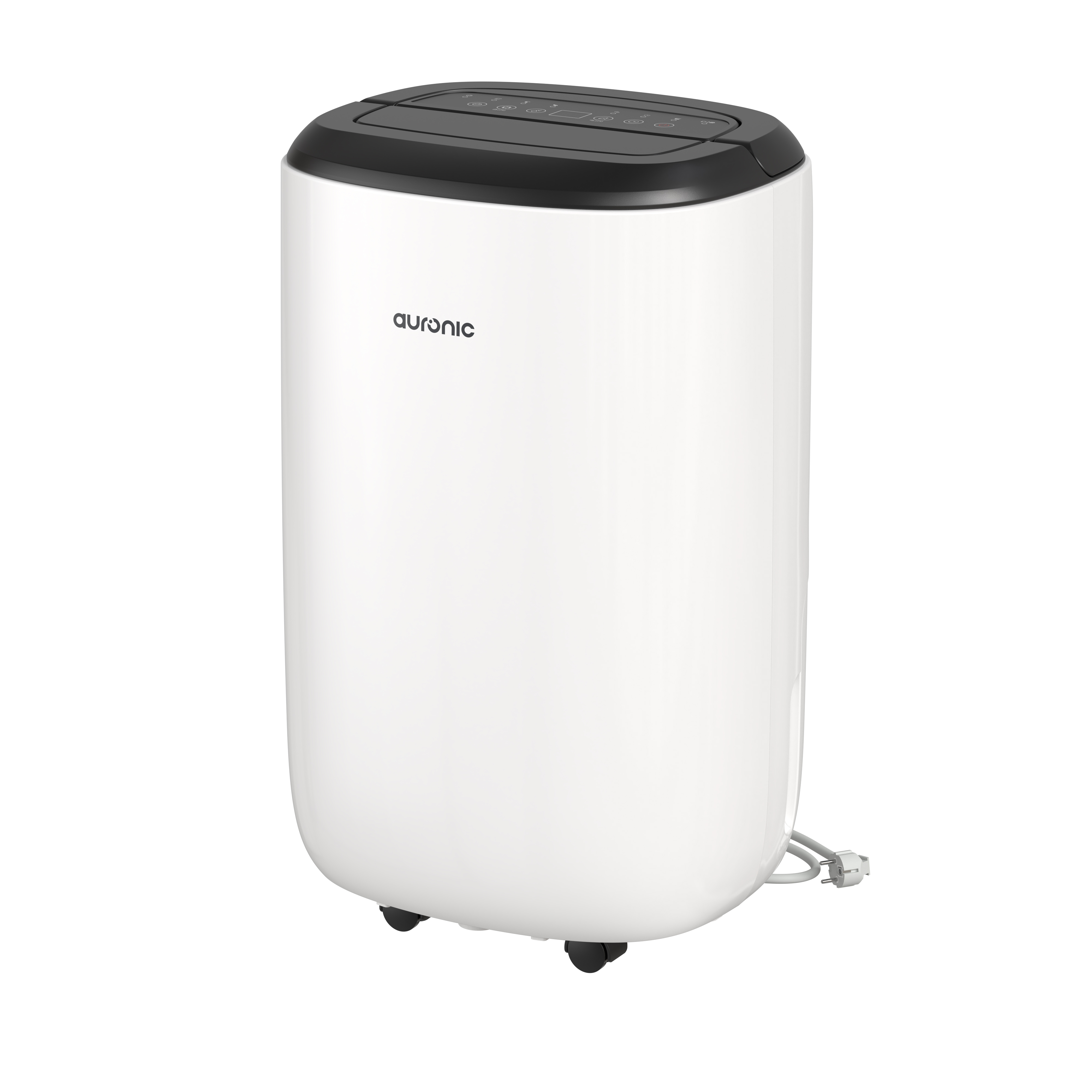 Een witte draagbare airconditionertoren met zwart bedieningspaneel en wielen.