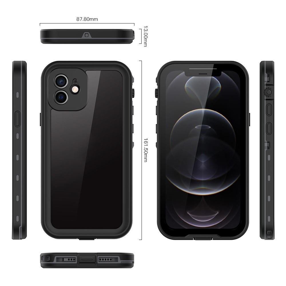 Viste frontale, posteriore e laterali di una custodia protettiva nera per iPhone con dimensioni.