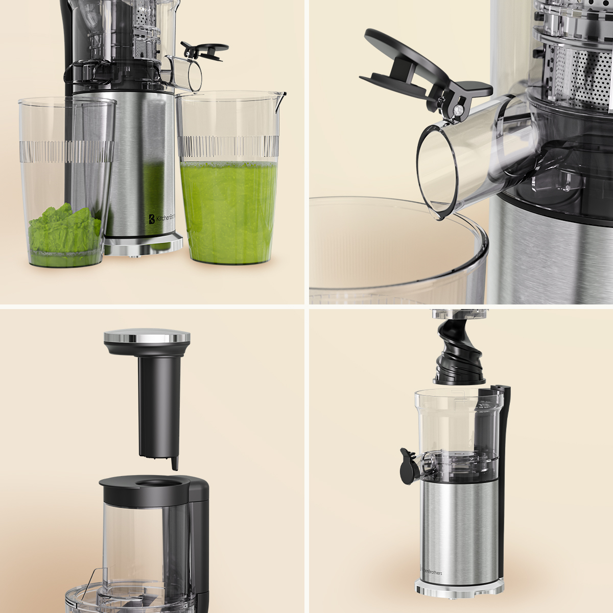 Roestvrijstalen sapcentrifuge onderdelen: Glazen met sap/puree, bovenstuk, schroef.