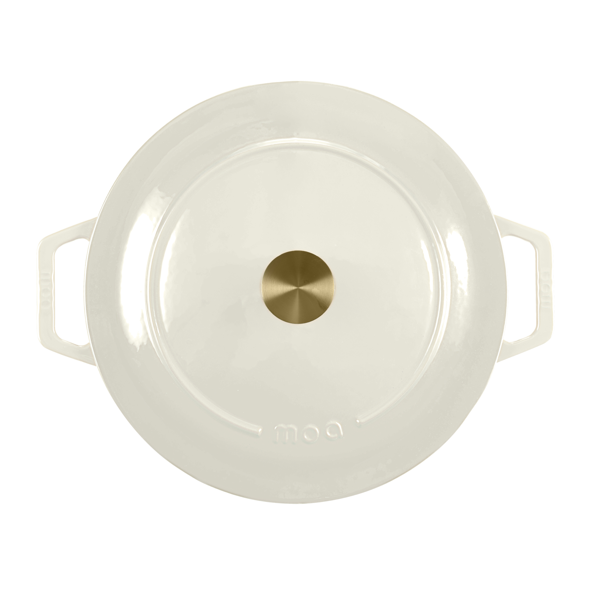 Een witte kookpotdeksel met gouden knop en handvatten, van bovenaf gezien.