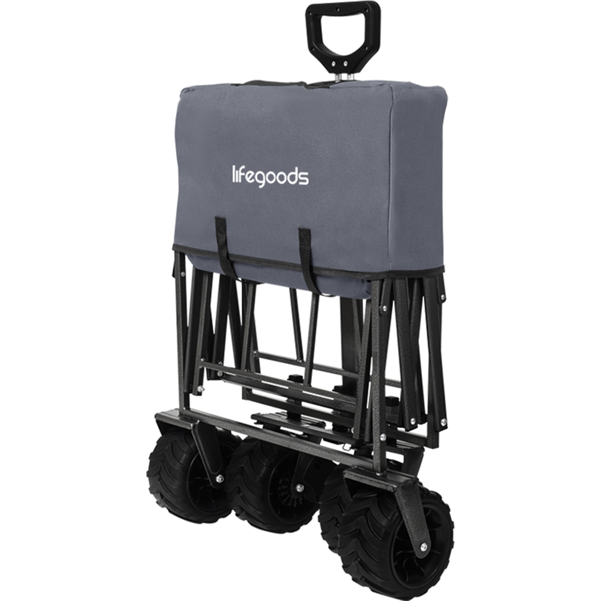 Gray folding wagon with black handle and four wheels.