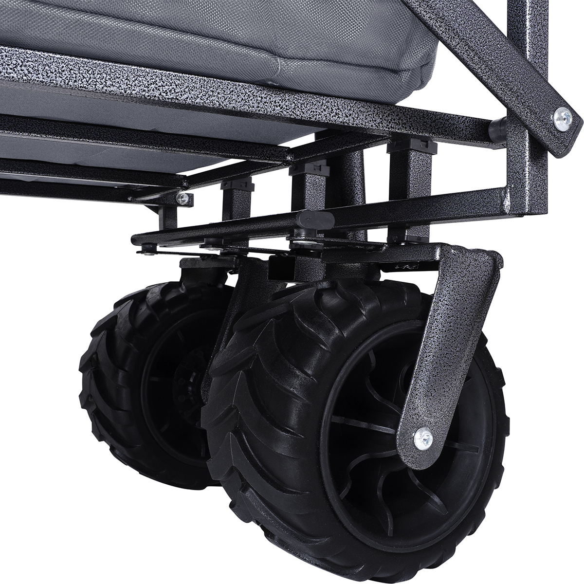 Close-up of the wheels and frame of a gray wagon on a white background.
