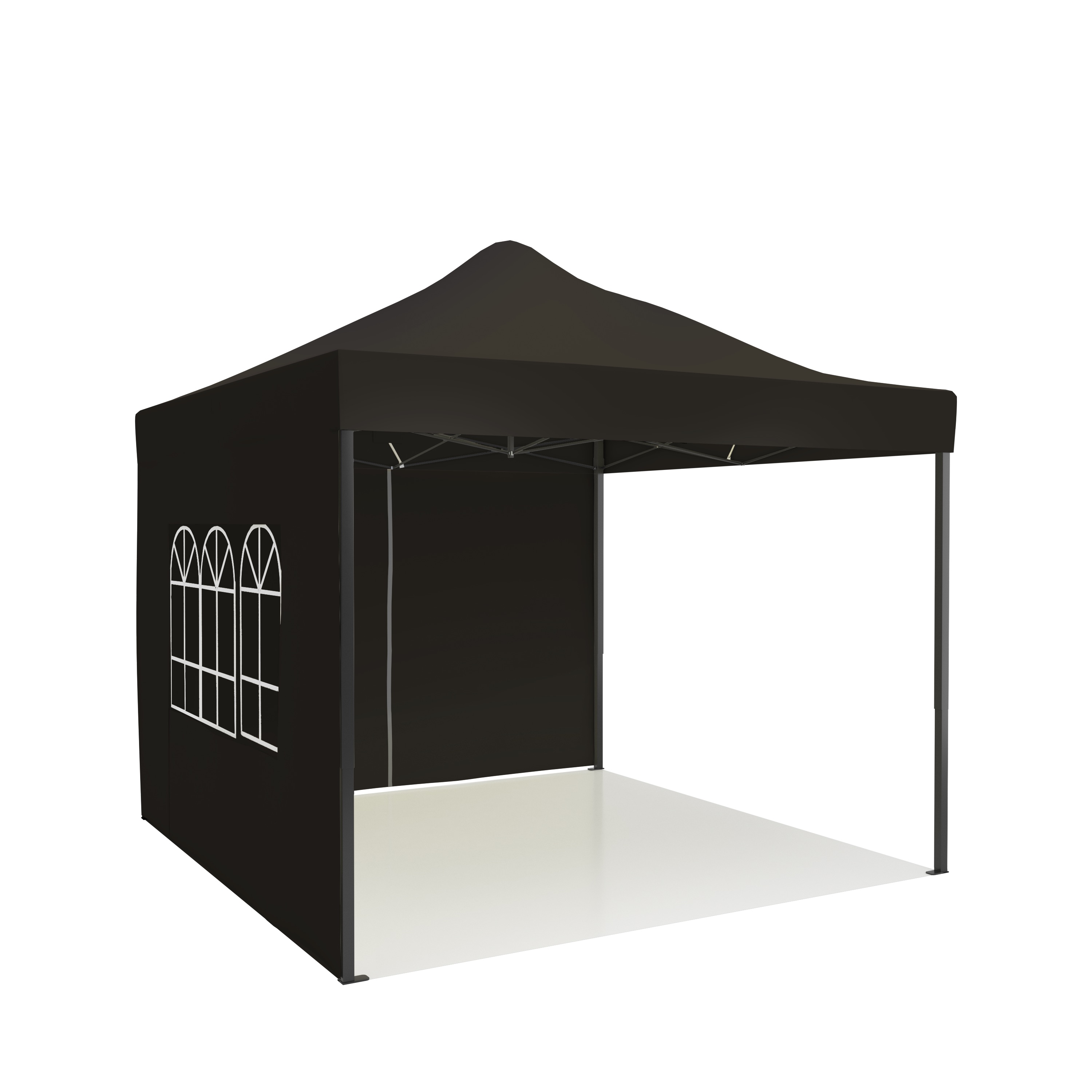 A black tent with windows and an open entrance on a white background.