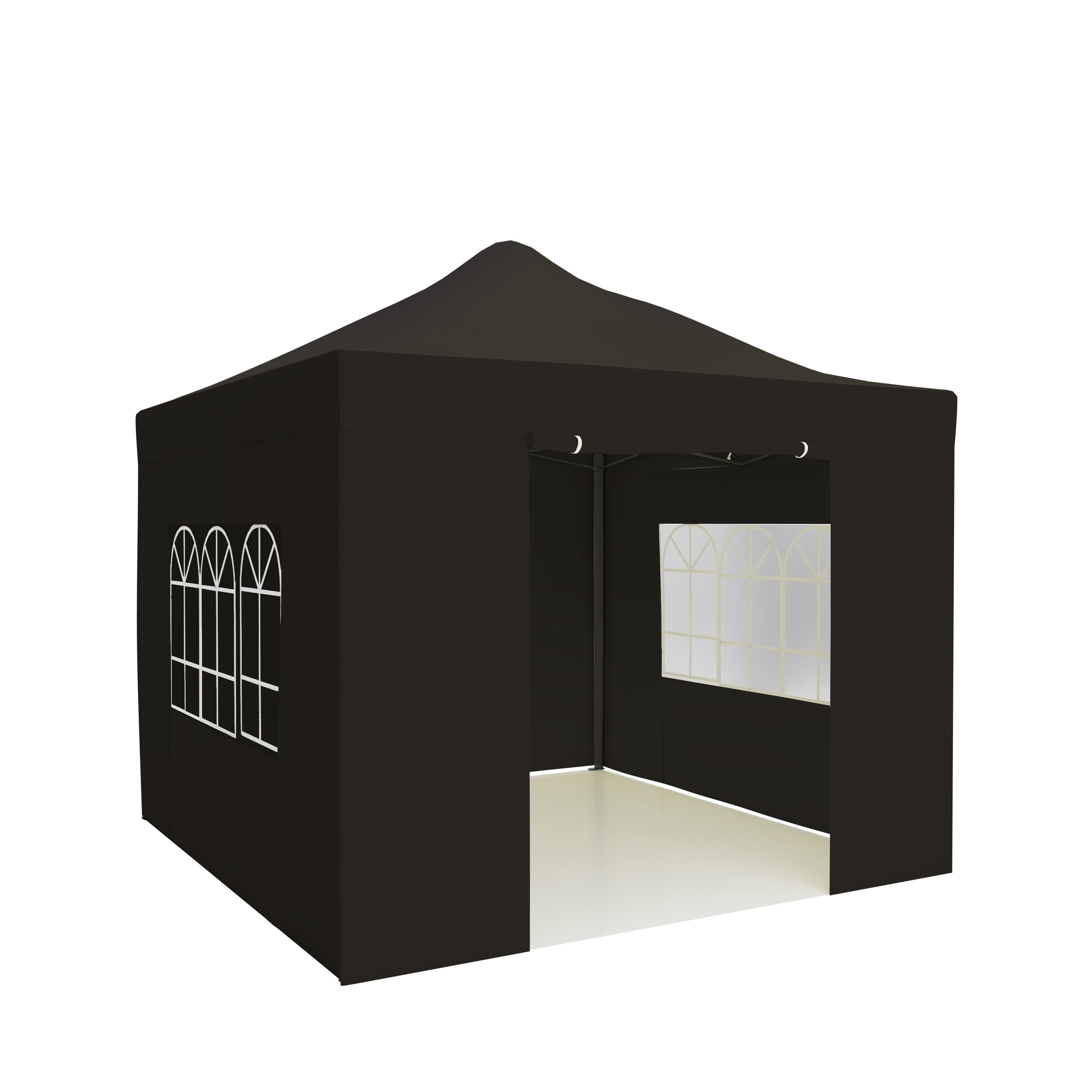 Black tent with windows and open entrance, on a white background.