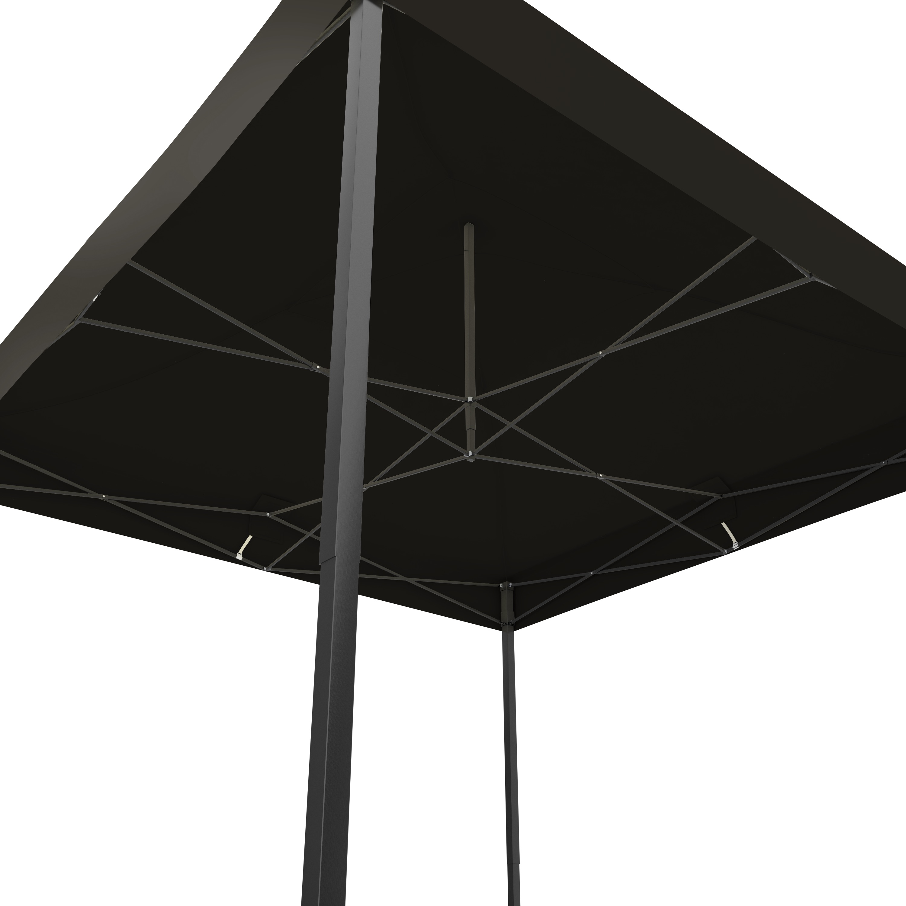 Underside view of a black canopy with a metal frame and poles.