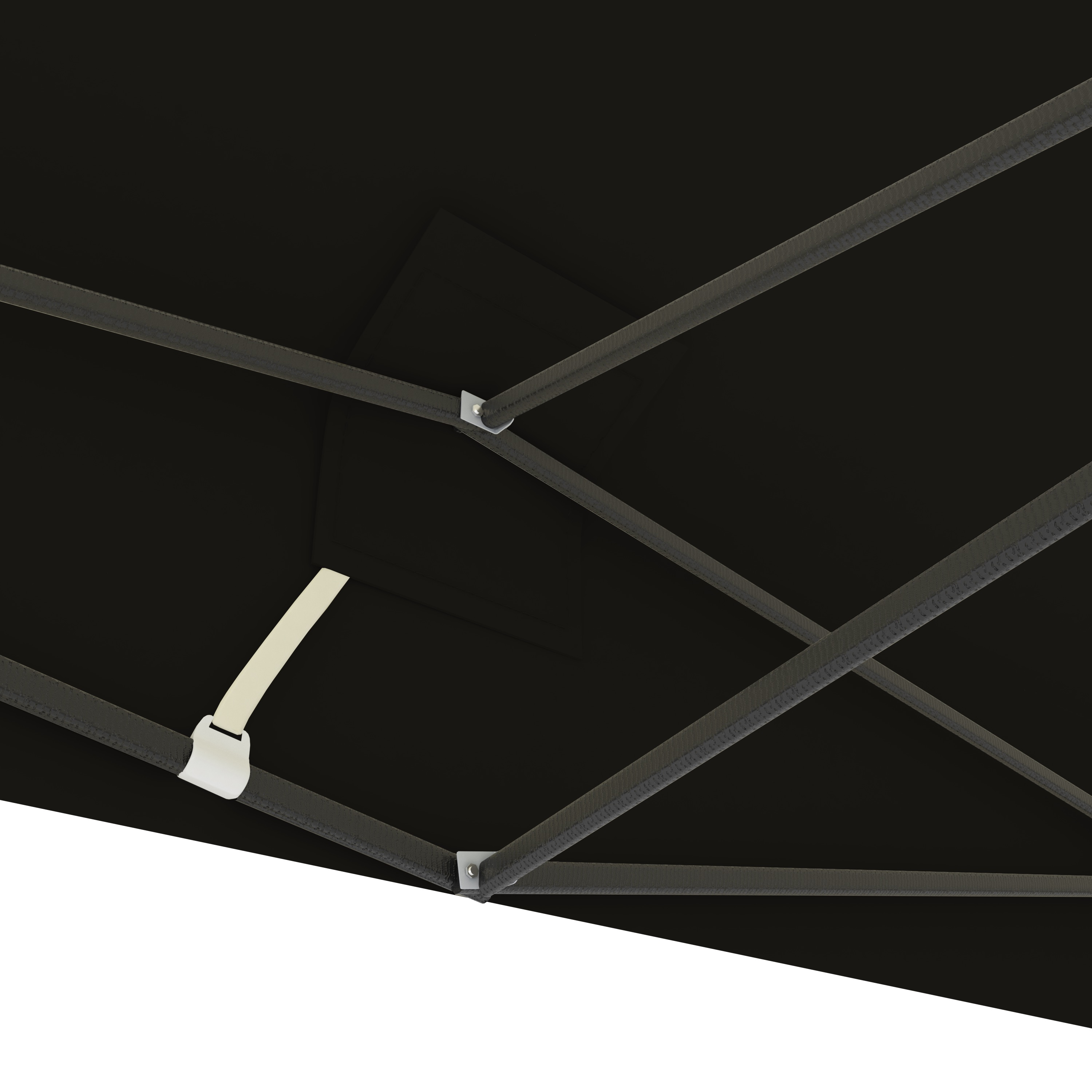 Black fabric canopy with metal frame and fasteners.