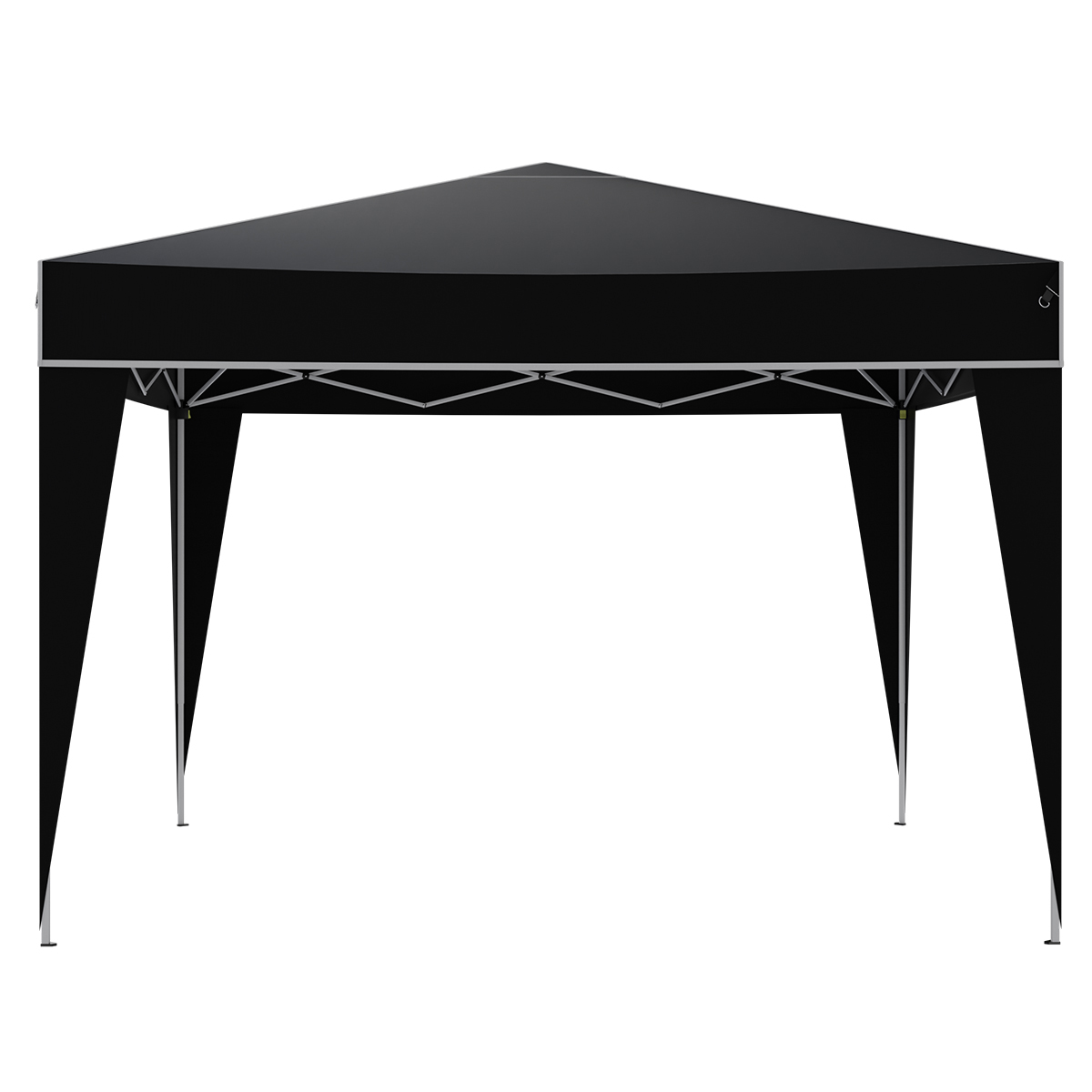 A black pop-up canopy with a white metal frame, standing on a white background.