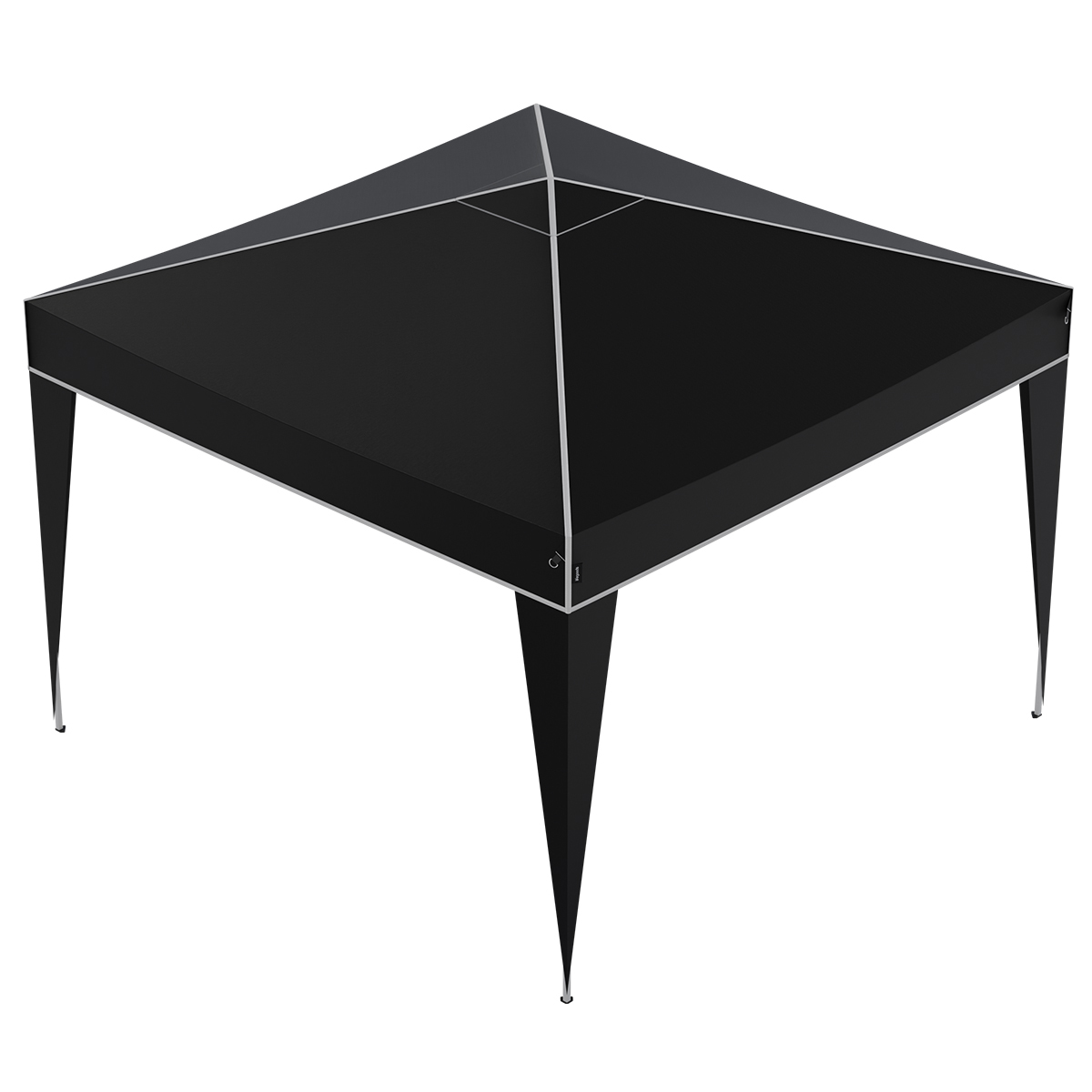 A black gazebo with a pitched roof and silver trim stands on four legs.