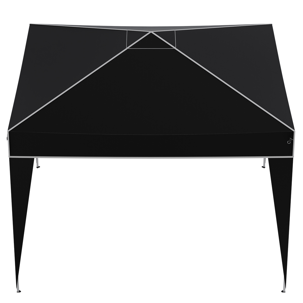 A black tent with a silver frame stands on four legs.