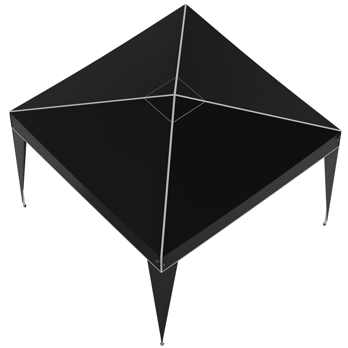 A black tent with silver stripes and four legs.