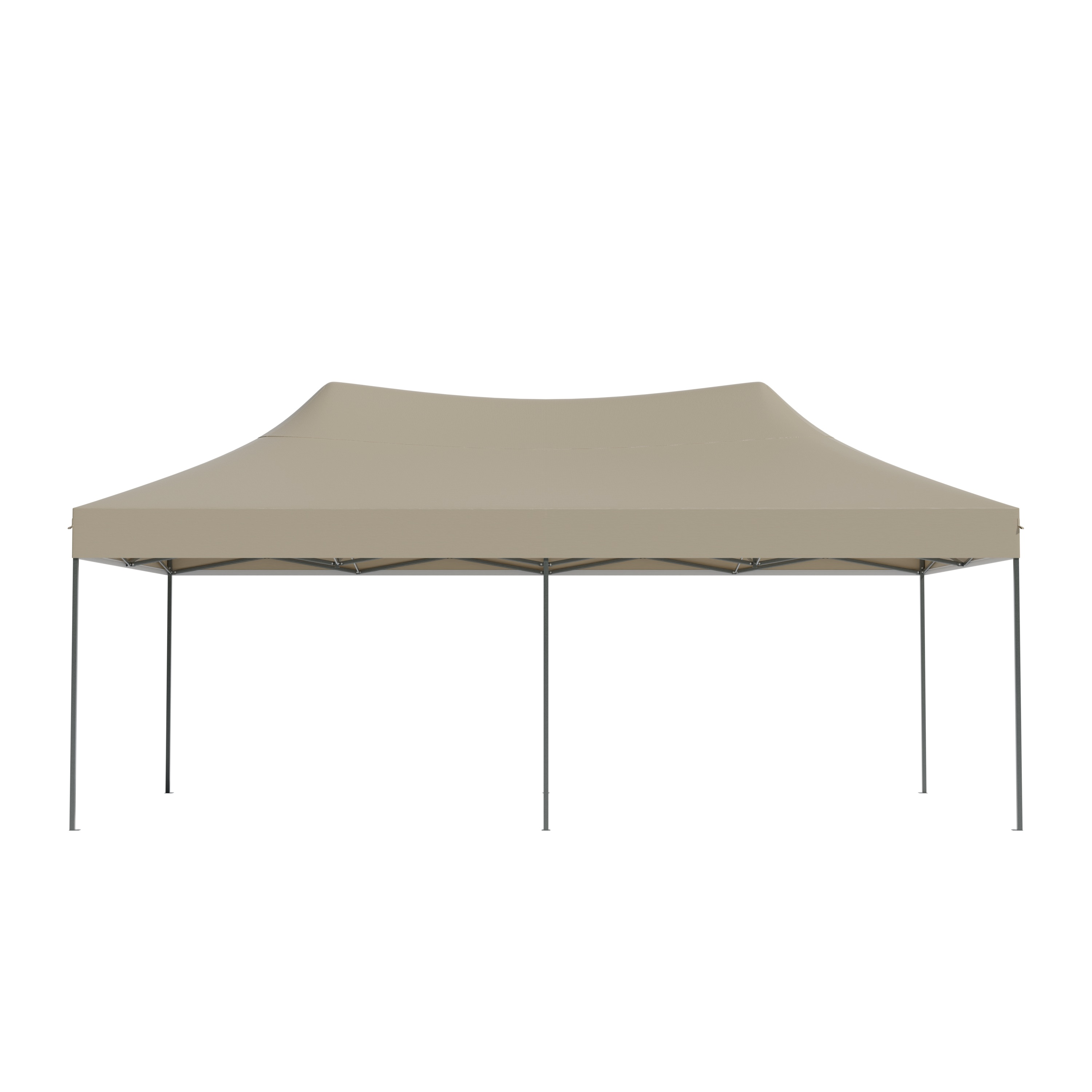 A beige pop-up canopy tent with dark poles stands on a white background.