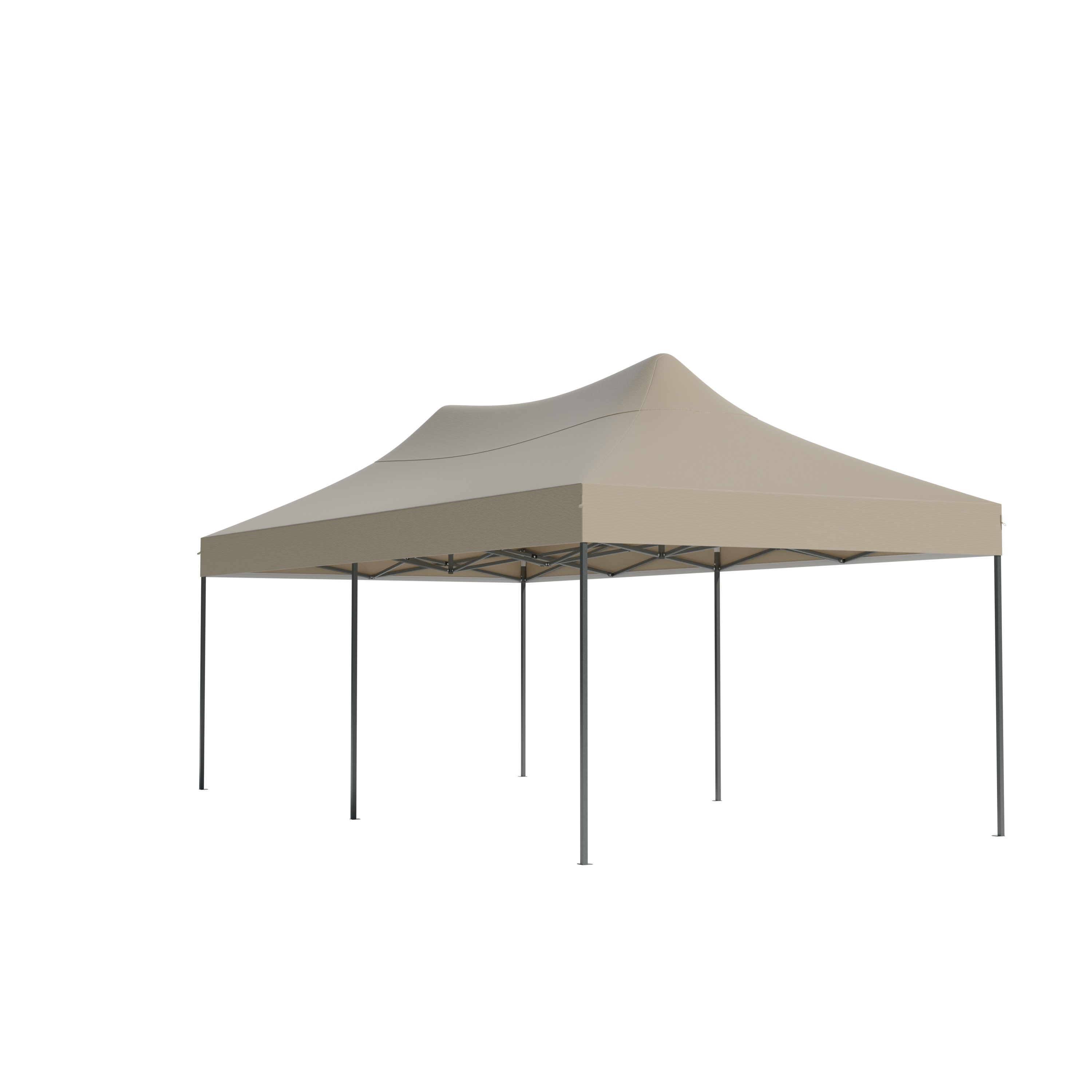A beige canopy tent with a dark metal frame stands on a white background.