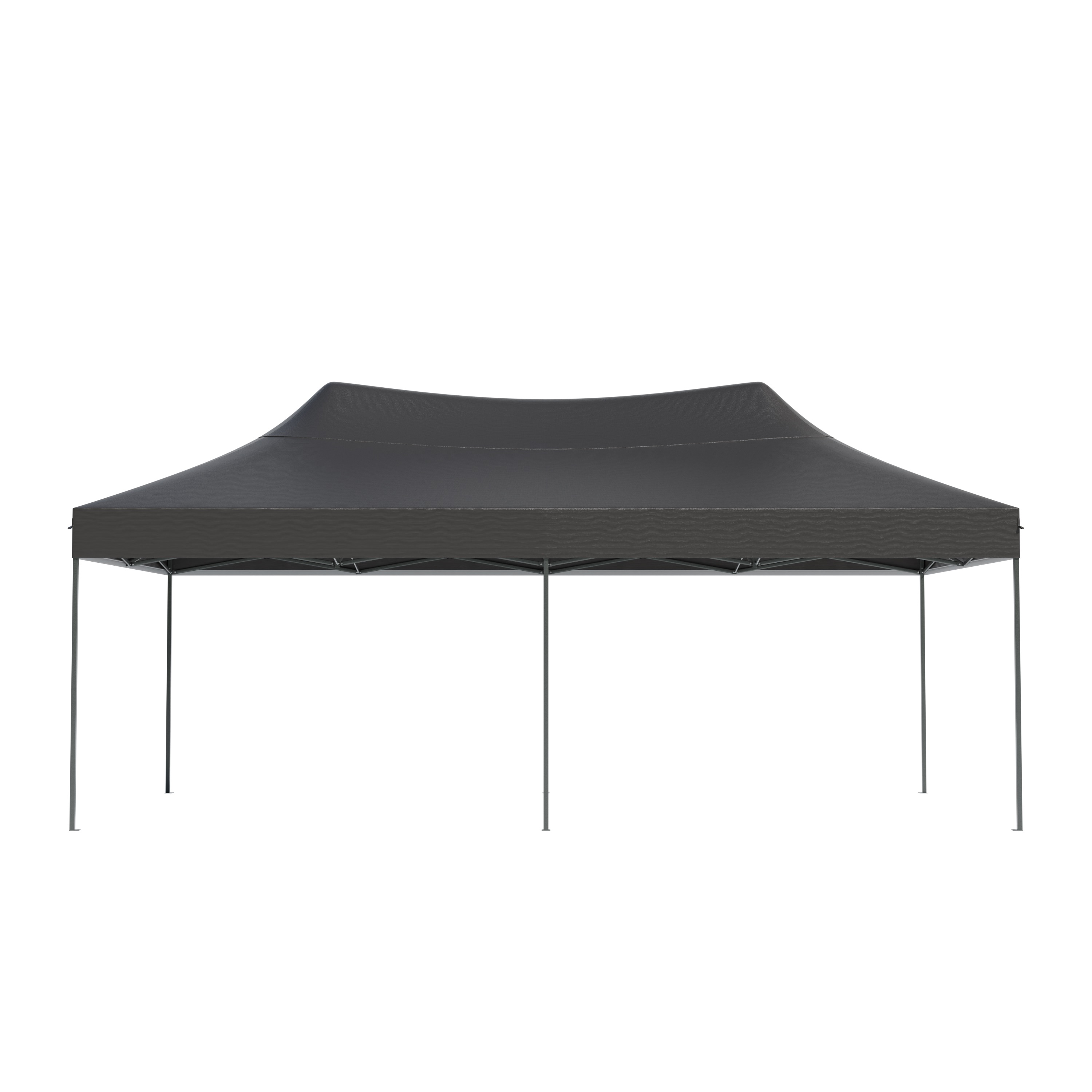 A dark, rectangular canopy tent with a curved roof and four legs.