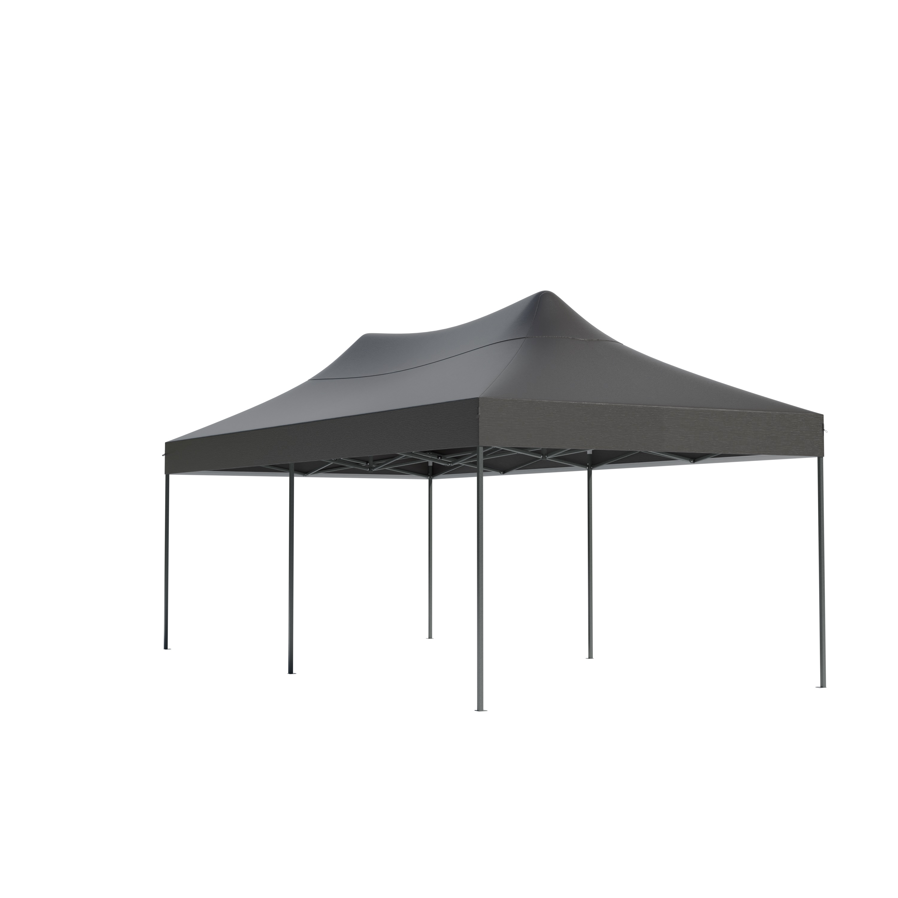 A dark, rectangular gazebo with a gray fabric roof and metal legs.