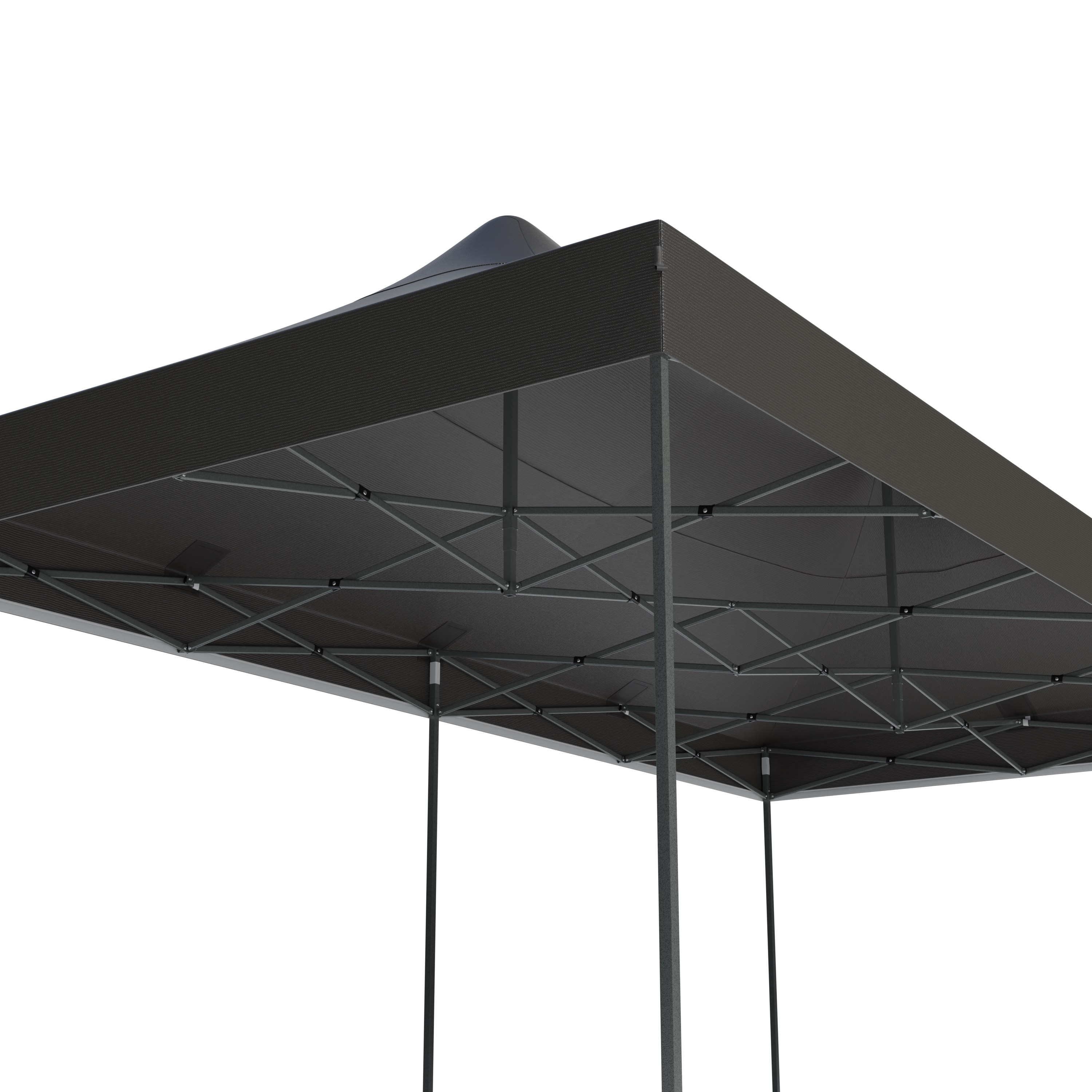 Underside view of a dark canopy with metal structure and poles.