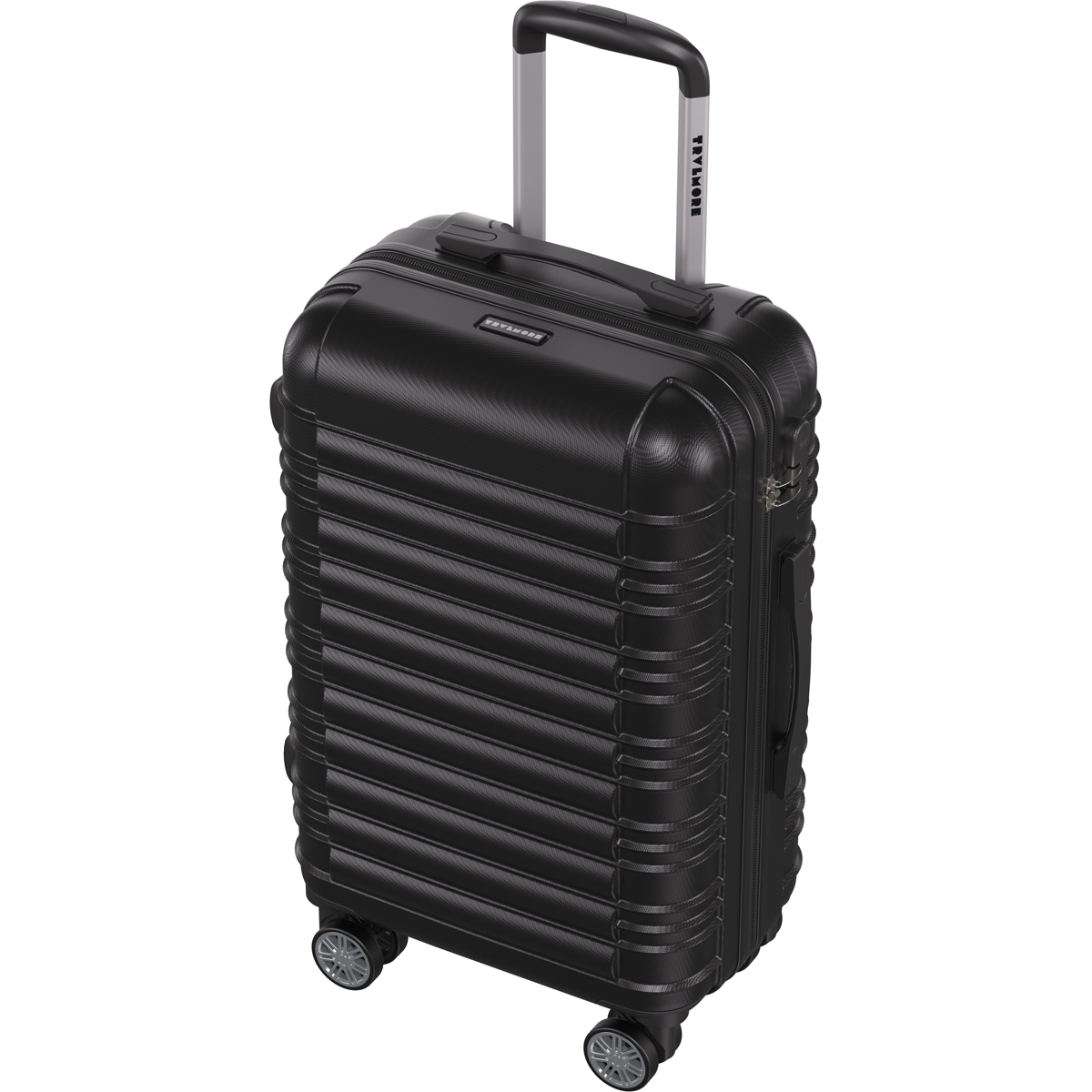 A black, ridged suitcase with a silver telescoping handle and four wheels.