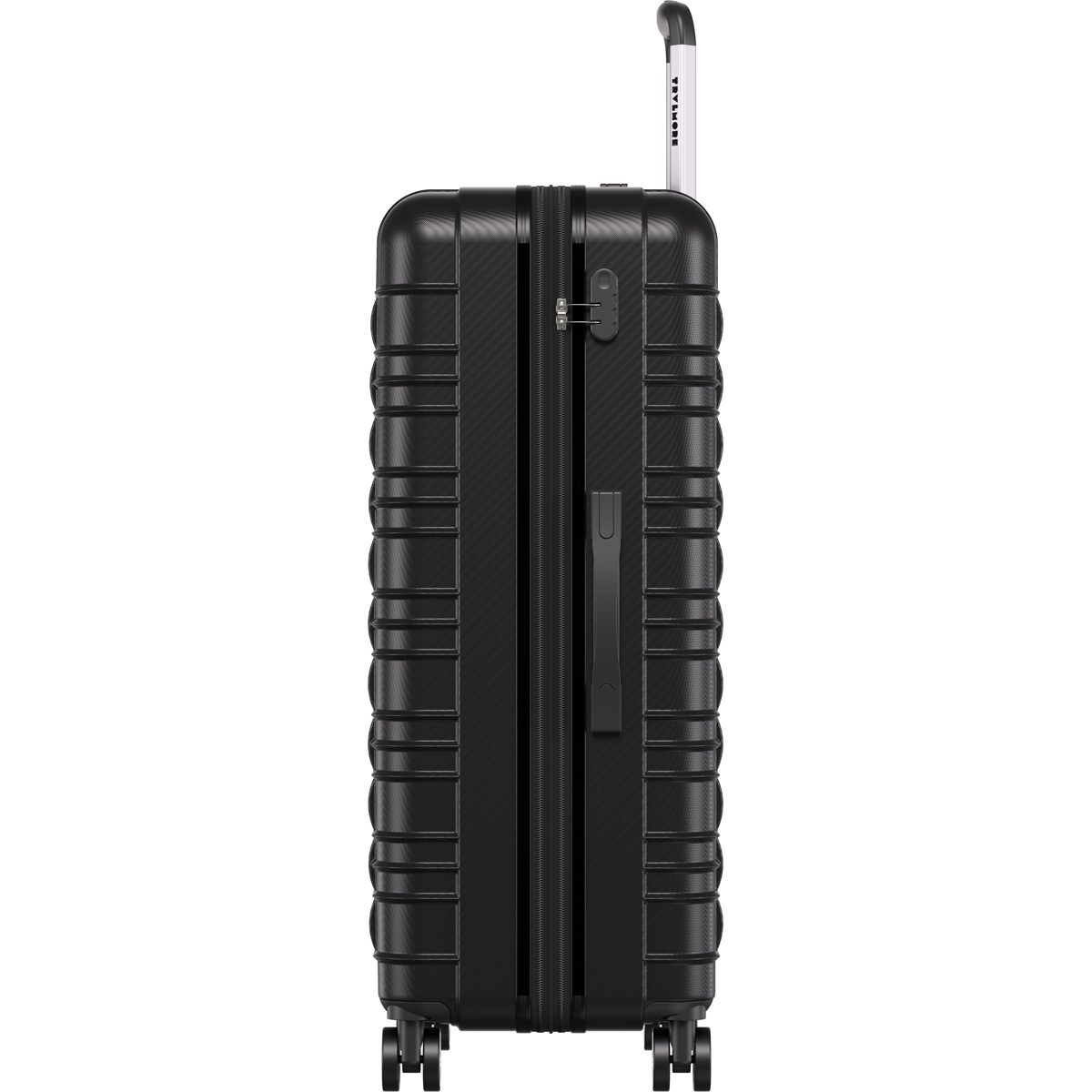 Black suitcase with zipper, combination lock, handle, and telescopic handle.